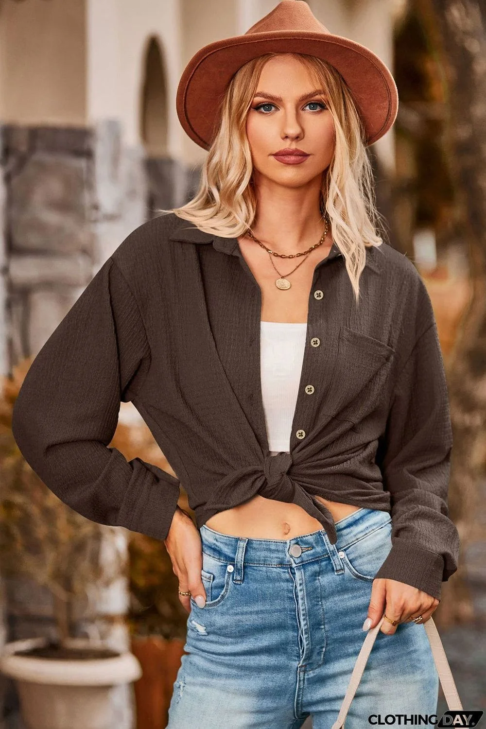 Twisted Collared Neck Long Sleeve Shirt