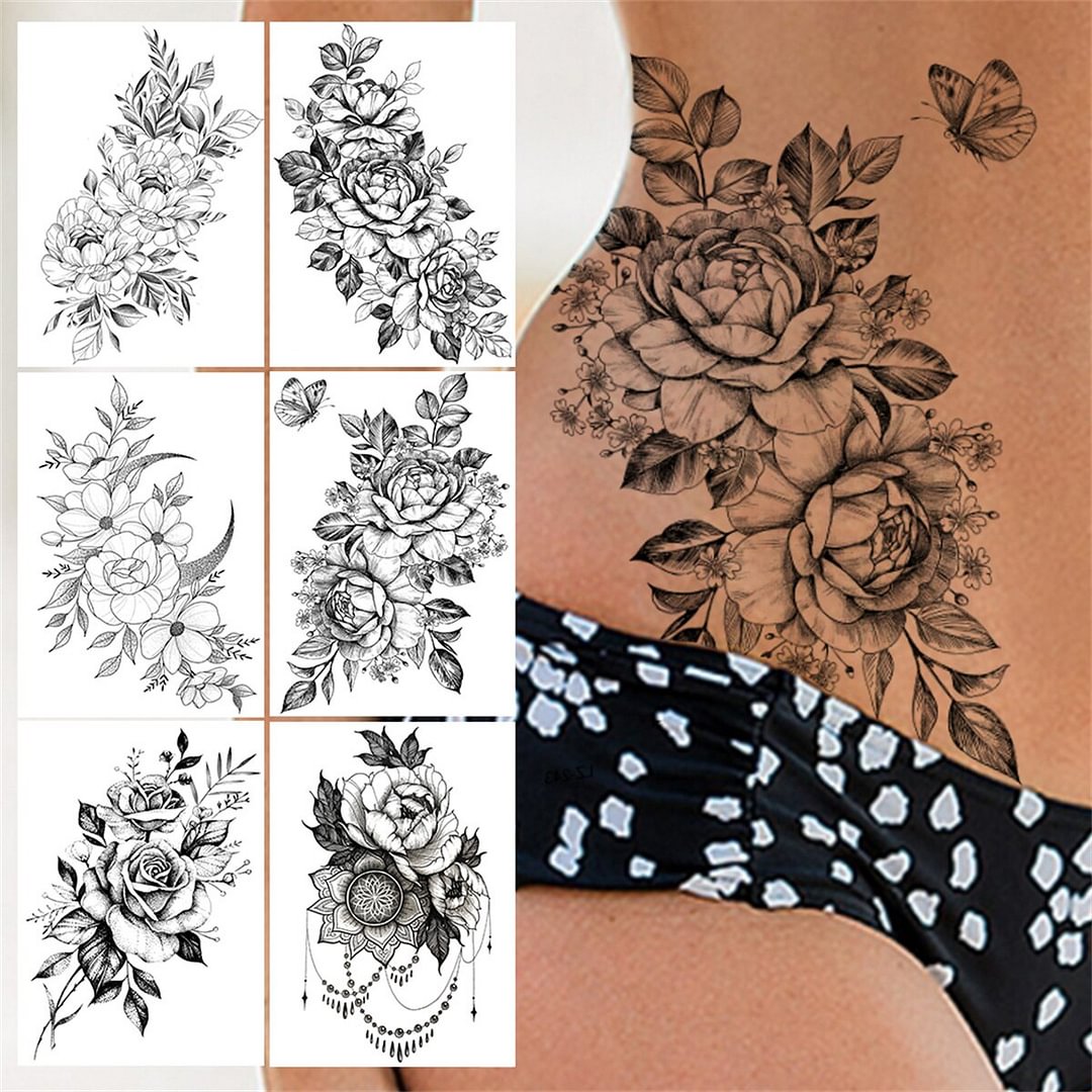 Butterfly Flower Temporary Tattoos For Women Moon Peony Tattoo Sticker Floral 3D Rose Fake Jewelry Black Large Tatoos Sexy Girls