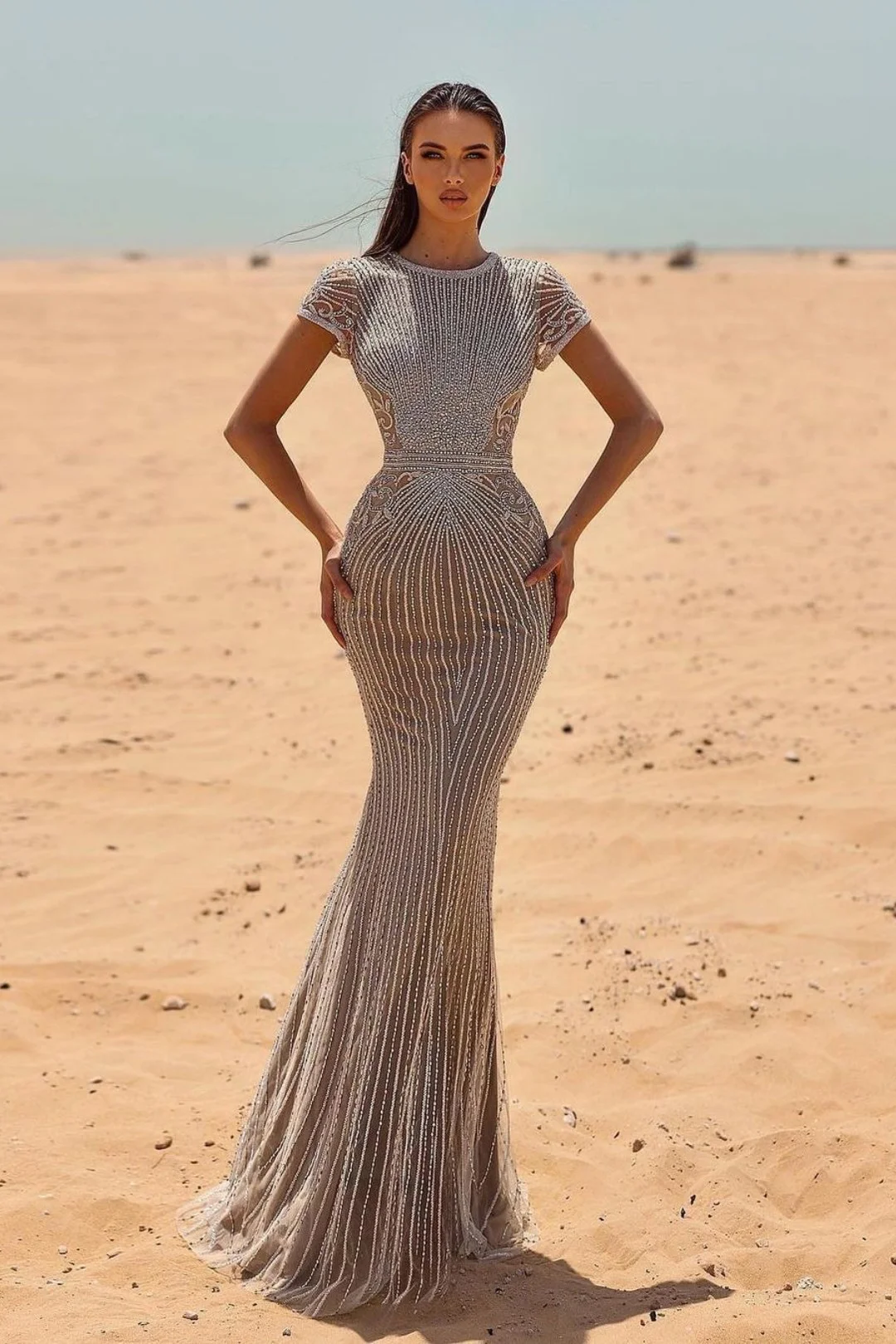Heavy Prom Dress Silver With Beadings Long Mermaid Sleeveless Jewel YL0195