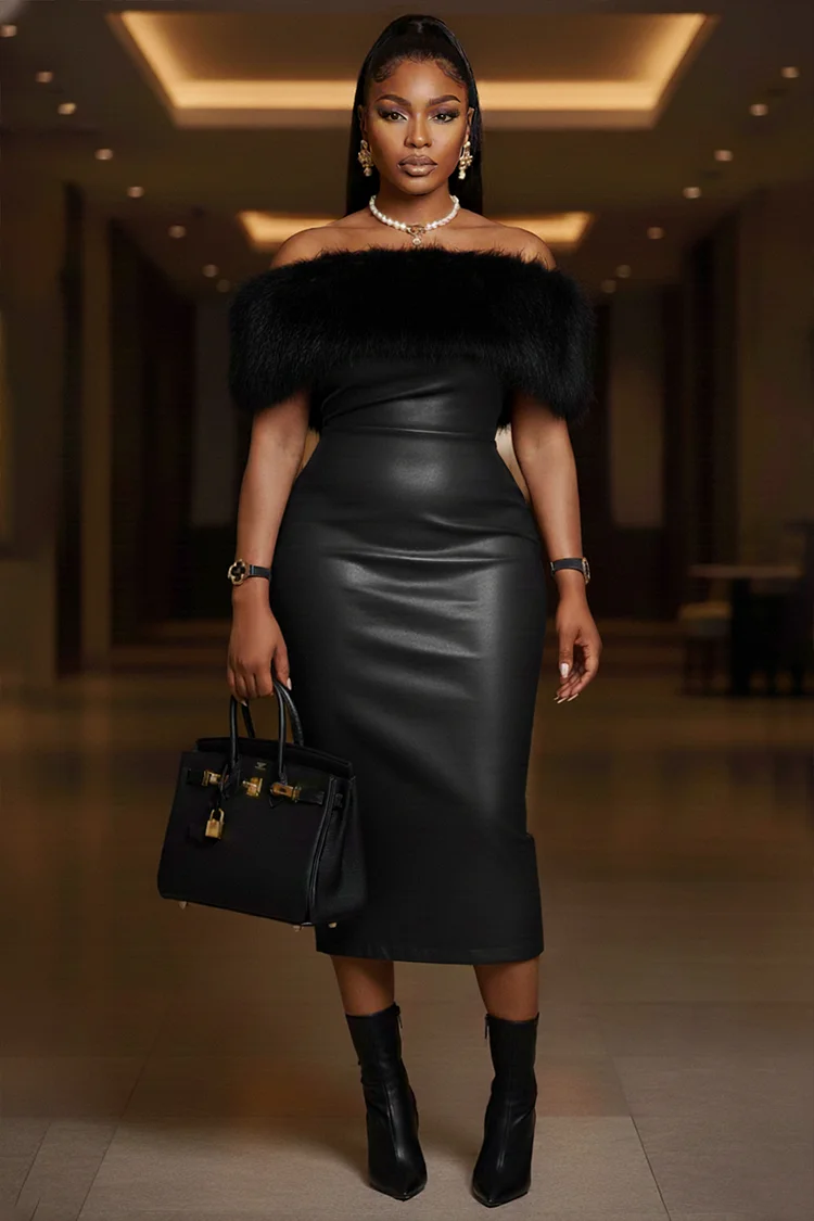 Off Shoulder Fuzzy Bandeau PU Leather Party Midi Dresses-Burgundy [Pre Order]