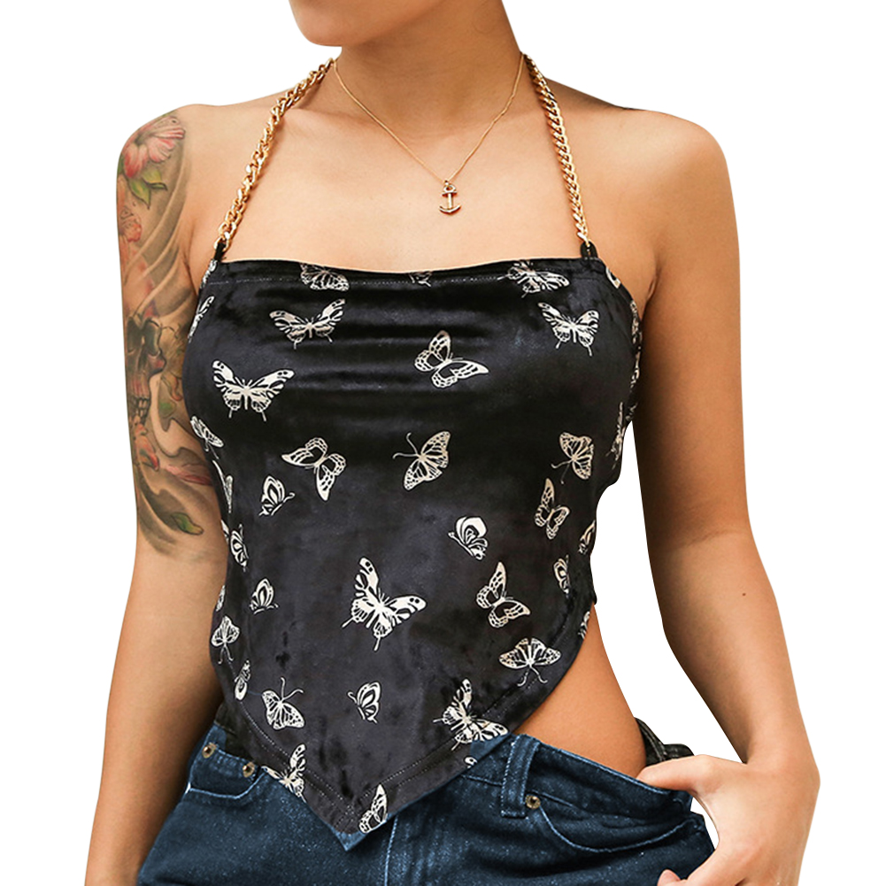 

Sexy Butterfly Print Women Crop Tops Vest Halter Chain Nightclub Camisole, Black, 501 Original