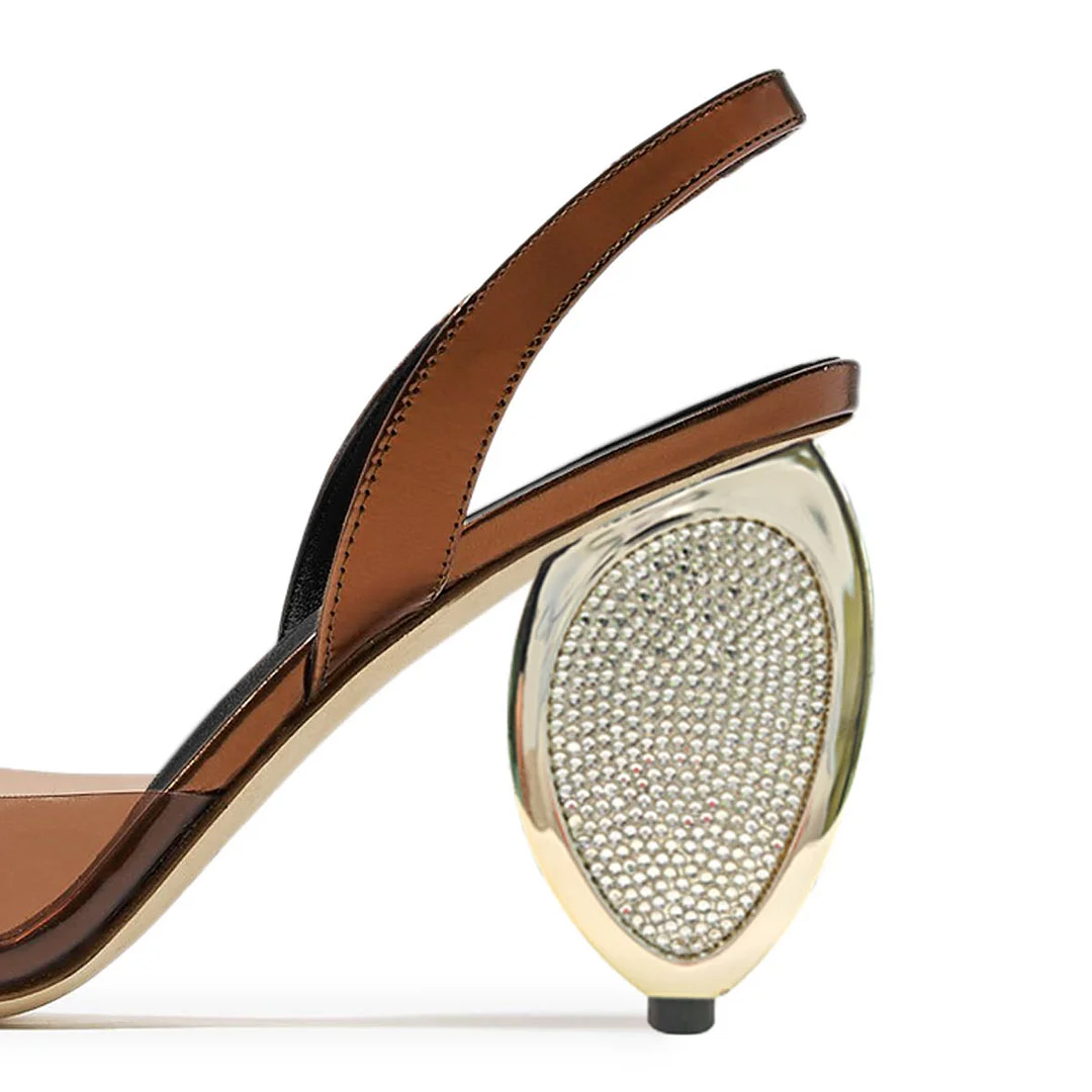 Brown Pointed Toe Slingback Rhinestone Decorative Heel Clear Pumps