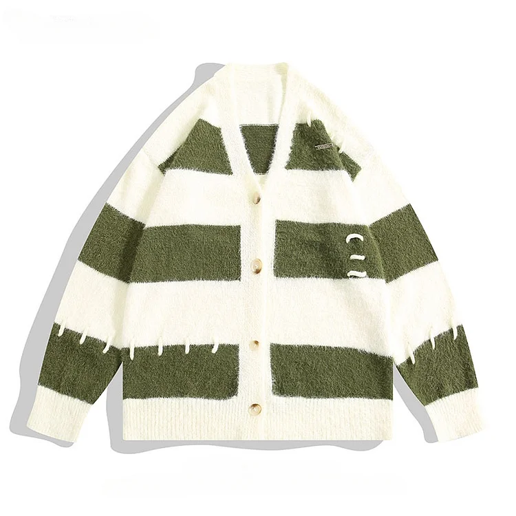 Kakacloud Contrast Color Striped Mink Sweaters Cardigan for Men and Women Japanese Lazy Style Loose Casual Couple Button Knitwear Jackets