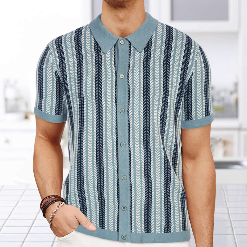 Men's Knitted Polo Shirt Short Sleeve Stripe Button Cardigan | ARKGET