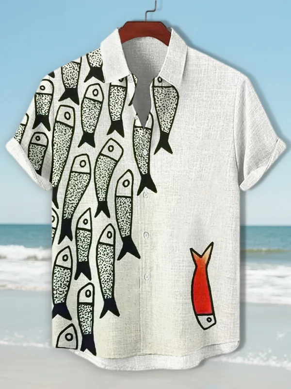 Men's Special Fish Cartoon Print Short Sleeve Shirt