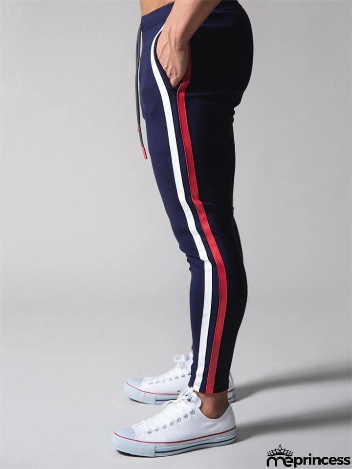 Mens Gym Breahthable Patchwork Running Zipper Pants