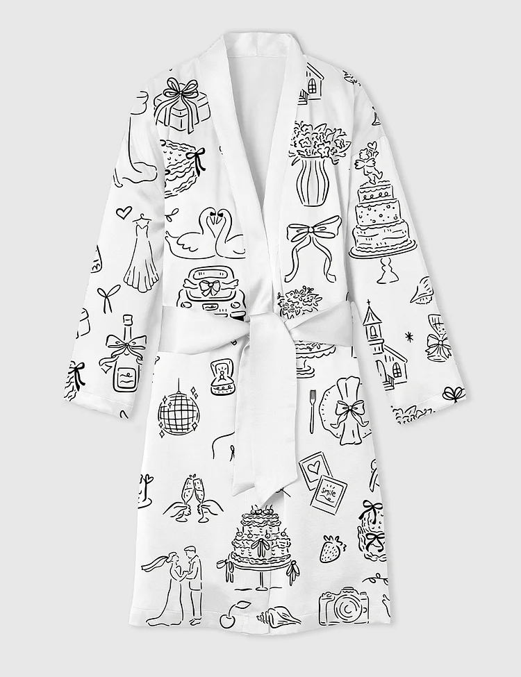 Women&rsquo;s Hand Drawn Whimsical Wedding Print Satin Bathrobe