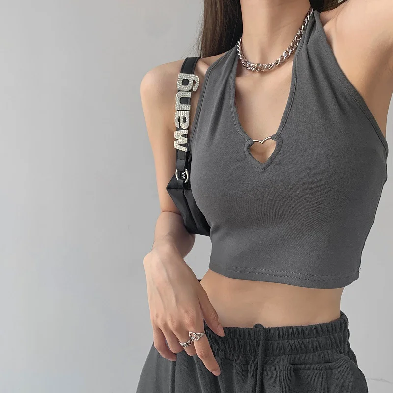 Churchf Churchf New Hot Girl Metal Love Hollow Out Hanging Neck Type Sling Design Sense Wearing Sleeveless Jacket Crop Short Vest