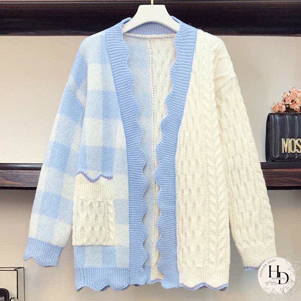 Lattice Print Colorblock Pocket Loose Cardigan Sweater