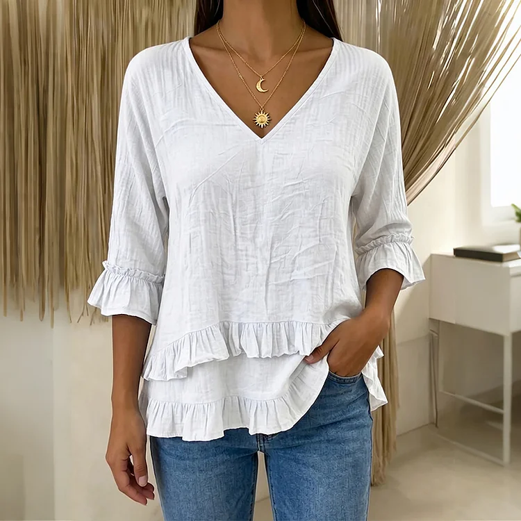 Women's Solid Color V-neck Ruffled Loose Linen Blend T-shirt
