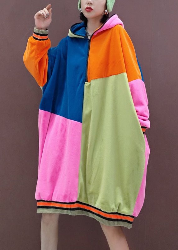 Italian multi Hooded Pockets Patchwork Pullover Sweatshirt dresses Spring CK2247- Fabulory