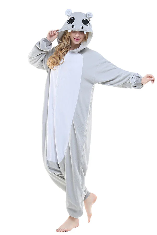 Womens Cute Hippo Hooded Single-breasted Jumpsuit Pajamas Gray-elleschic