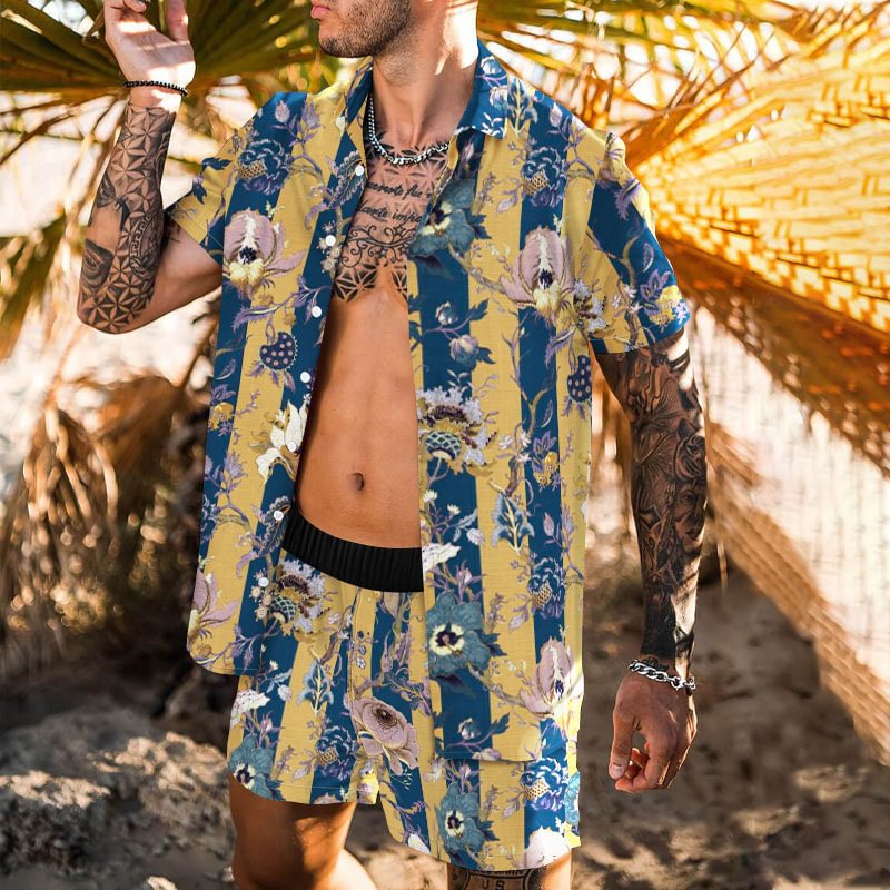 Men's Vintage Floral Print Shirt Two Piece
