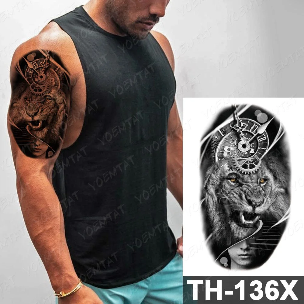 Roaring Lion Temporary Tattoo Sticker For Men Women Wolf Lightning Black Tiger Rose Waterproof Fake Henna Wild Animal Body Art