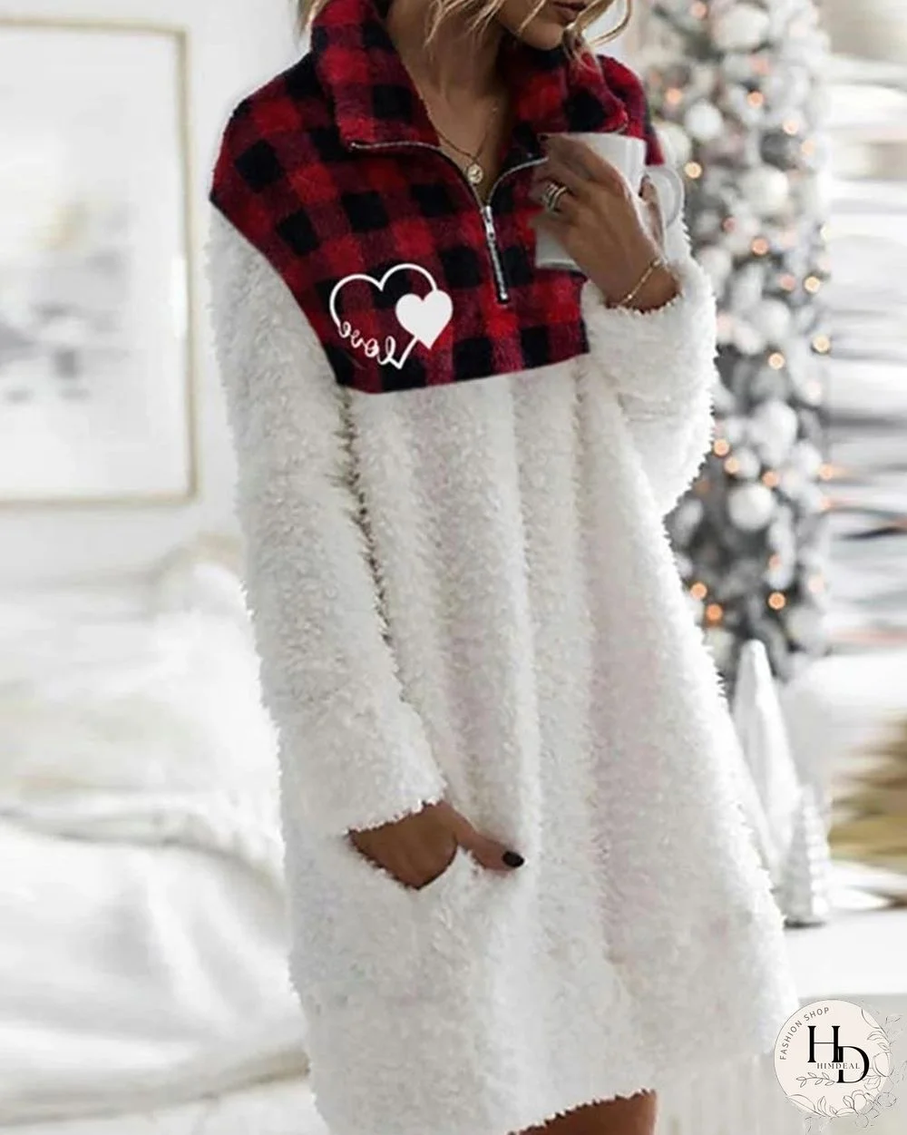 Heart Letter Print Plaid Teddy Dress P12261