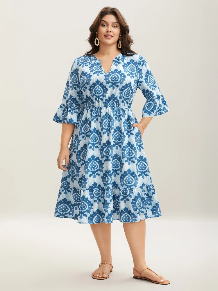 Damask Pattern Ruffle Sleeve Midi Dress