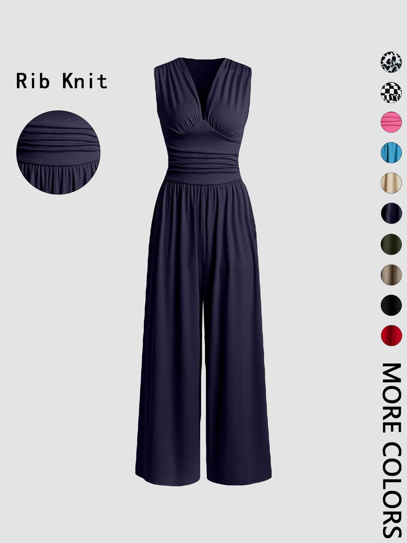 Women's Plain Ruched Deep V Neck Wide Leg Jumpsuit, Casual Sleeveless Ribbed Jumpsuit for Daily Wear, Ladies Clothes for All Seasons, Womenswear Basic Minimalist