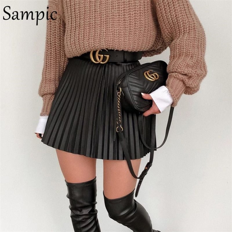 Sampic Fashion Winter Ladies Y2K Sexy A-line Mini Pleated Skirts Womens 2020 Short High Waisted Black Skirt Autumn