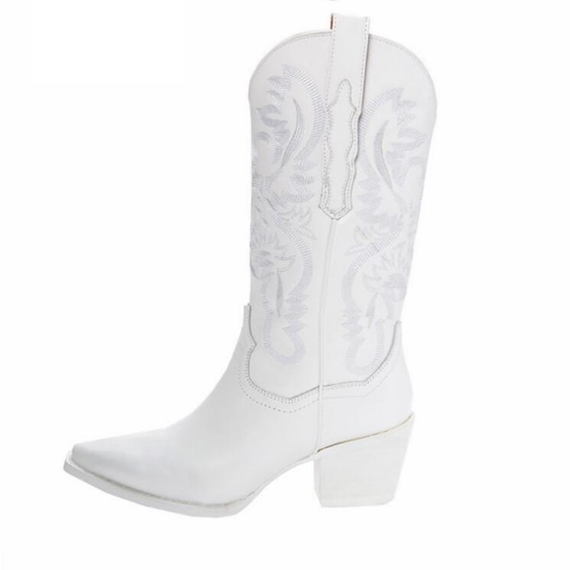 Metallic Leather Block Heels Boots Pointed Toe Patchwork Western Cowboy Boots Plus Size Women Mid Calf Boots