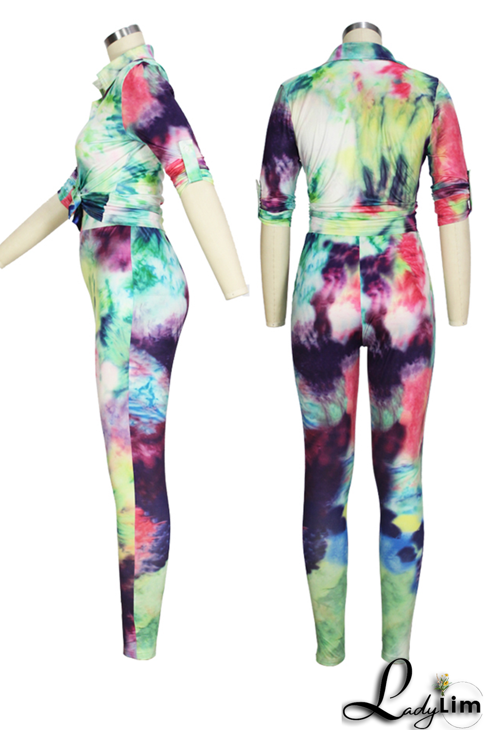 Yellow Sexy Patchwork Tie-dye Turndown Collar Long Sleeve Two Pieces