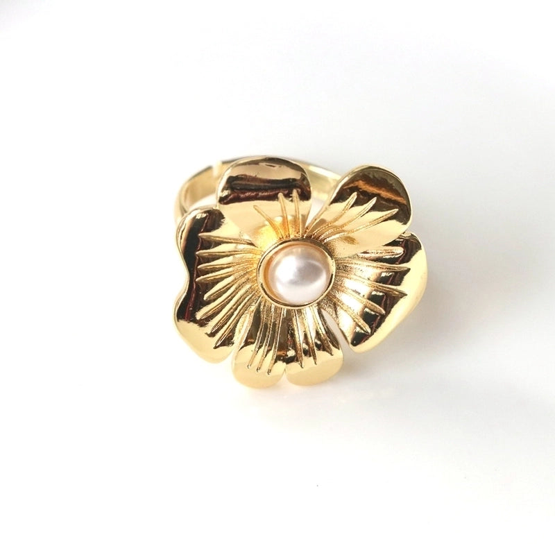 Minimalist Classic Style Flower Copper Pearl Inlay Open Rings