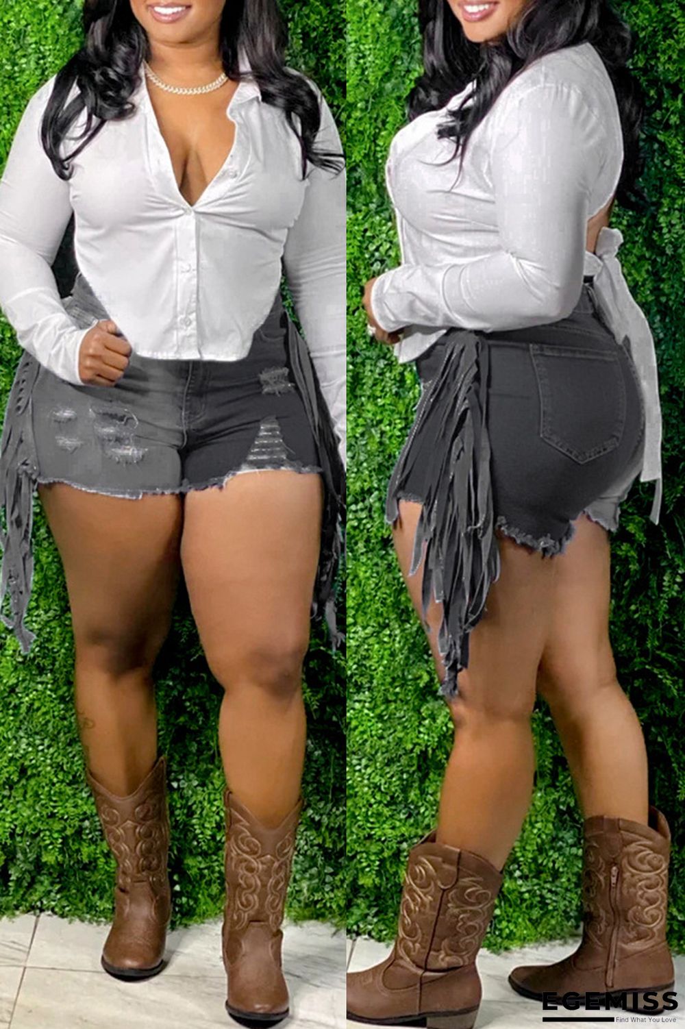 Black Fashion Sexy Patchwork Tassel Ripped High Waist Jeans | EGEMISS