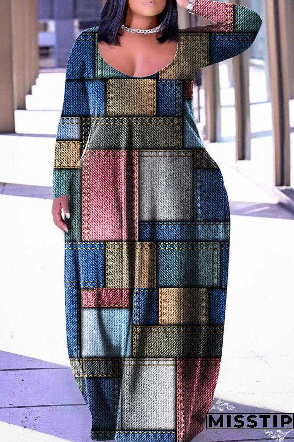 Dark Blue Casual Print Patchwork Basic V Neck Long Sleeve Plus Size Dresses