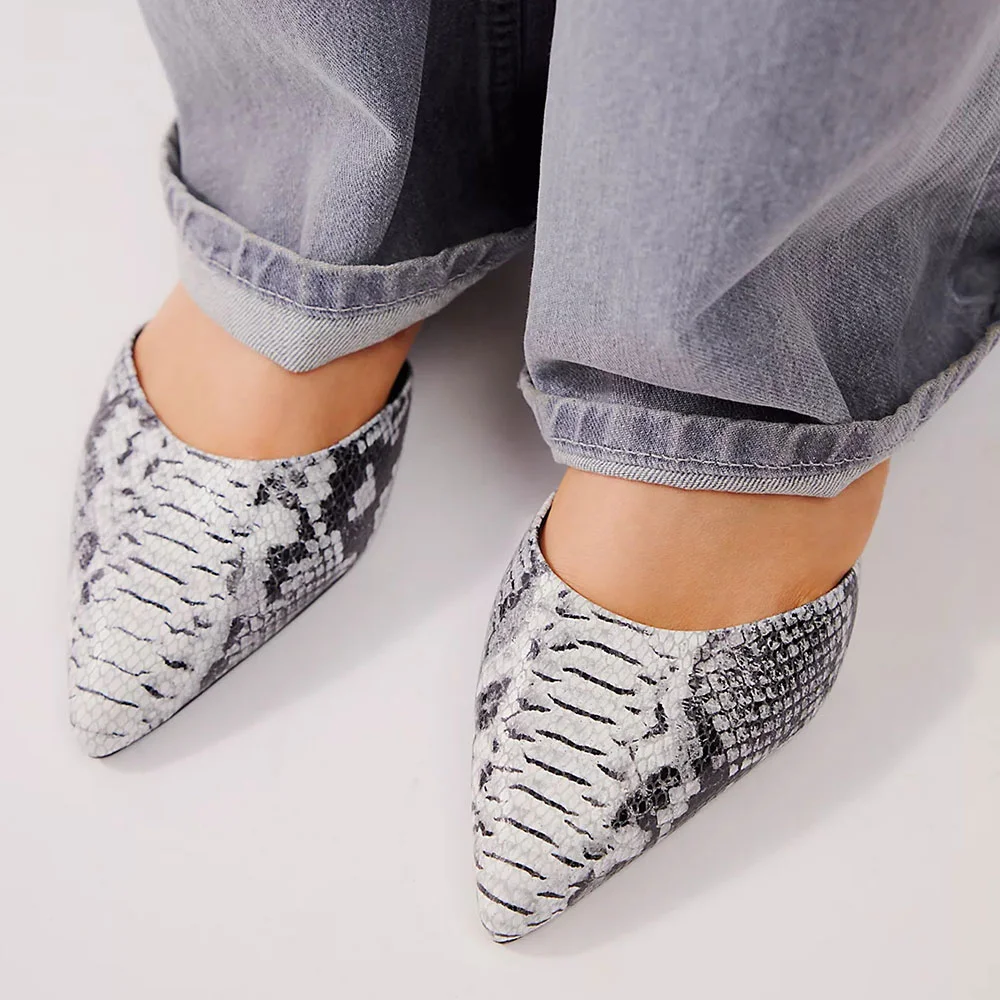 Black & White Pointed Toe Python Print Ankle Strap Flat Shoes Women