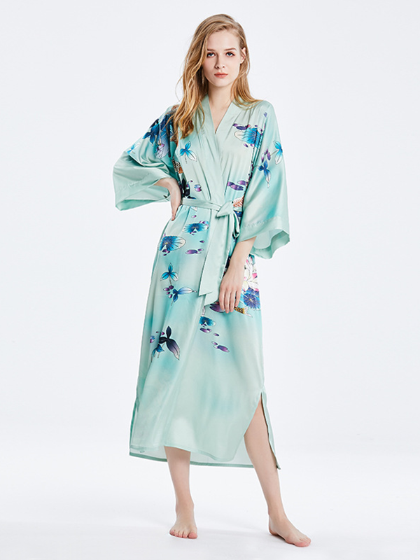 19 Momme Floral Baby Blue Kimono Style Loose Silk Robes REAL SILK LIFE