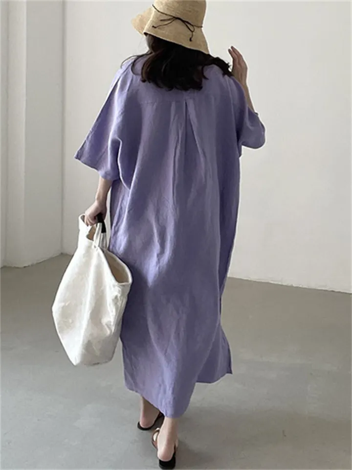 Simple Cotton Linen Dress Loose Short Sleeve Long Shirt Skirt