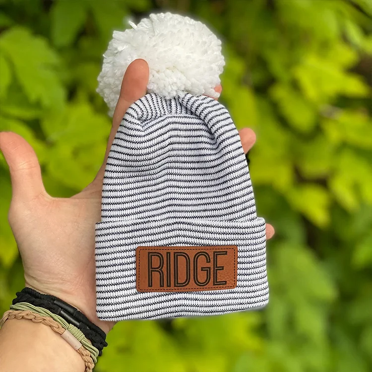 Personalized Leather Patch Pom Pom Beanie for Comfort & Unique | HSKid35