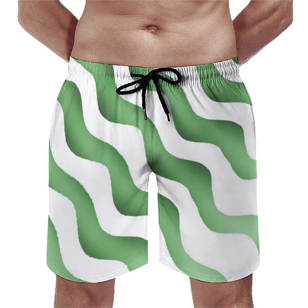 Abstract Green And White Wave Grayish Marble Line Men's Swim Trunks Summer Board Shorts Quick Dry Beach Short with Pockets