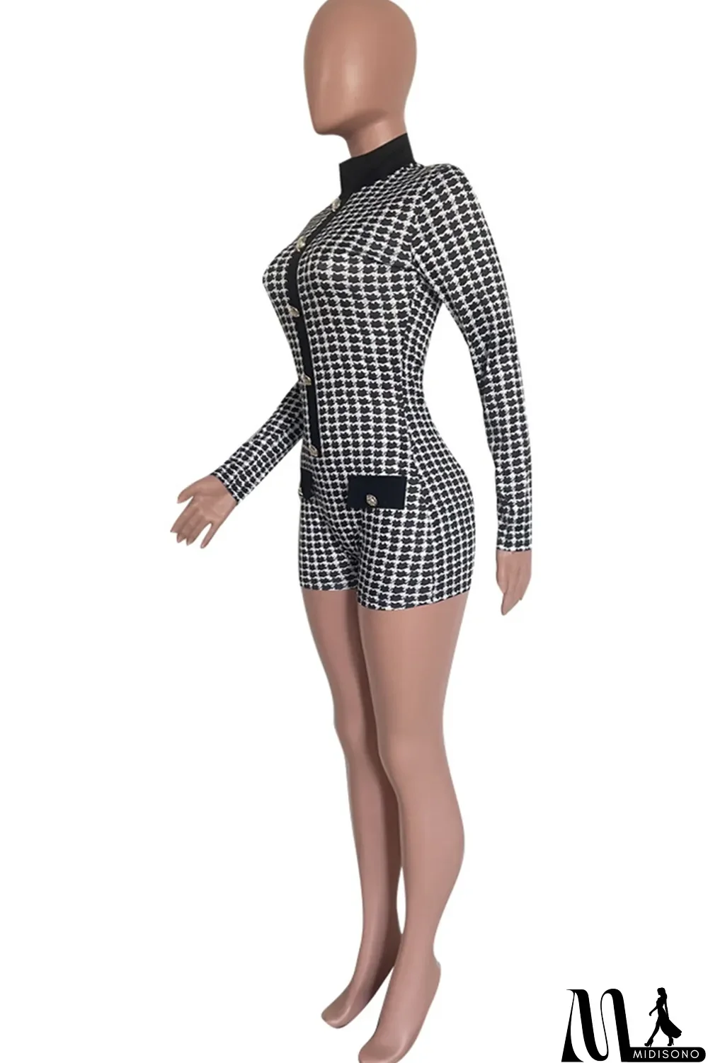 MidiSono - White Fashion Casual Print Patchwork Turtleneck Long Sleeve Skinny Romper