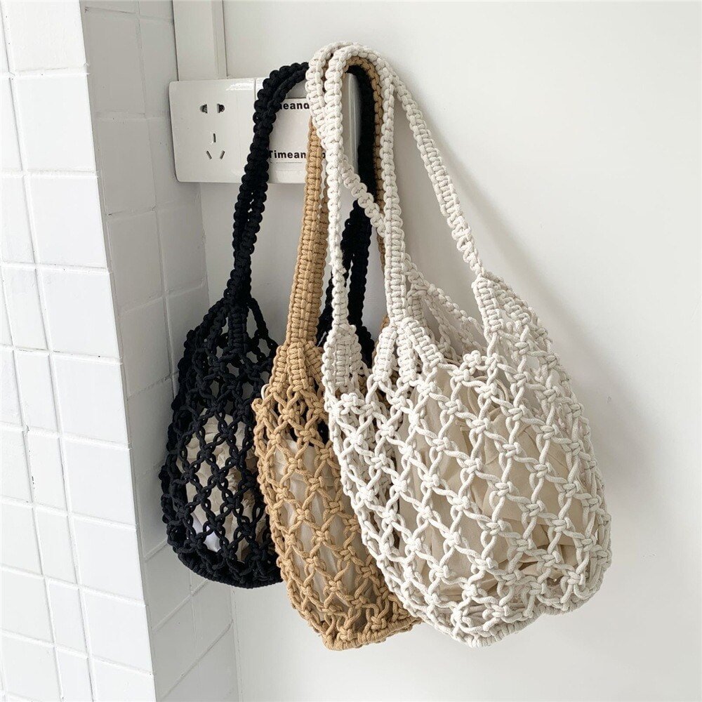 Lichtgewicht Hollow Visnet Strand Emmer Handtas Vrouwen Geweven Schoudertas Mode Zomer Strand Schouder Handtassen US Mall Lifes