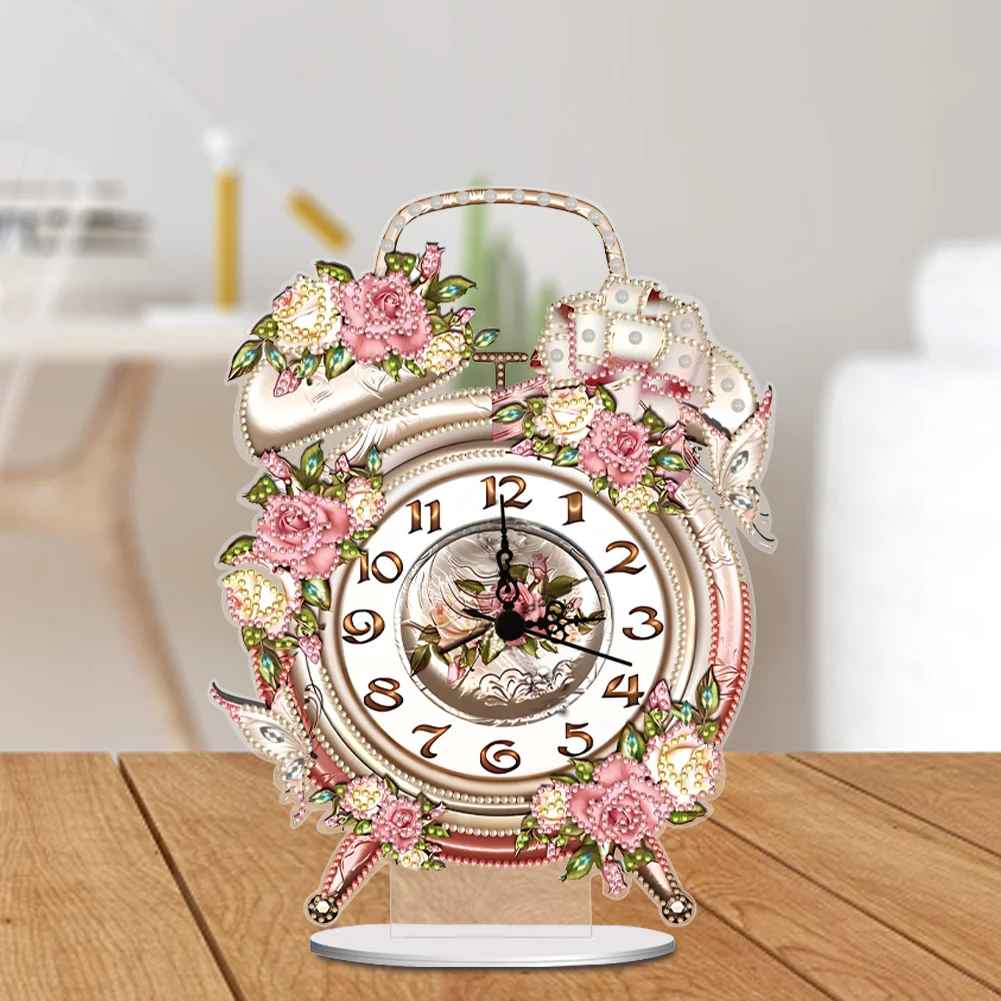 DIY Flowers Vintage Acrylic Special Shaped 5D Diamond Painting Clock Art Craft
