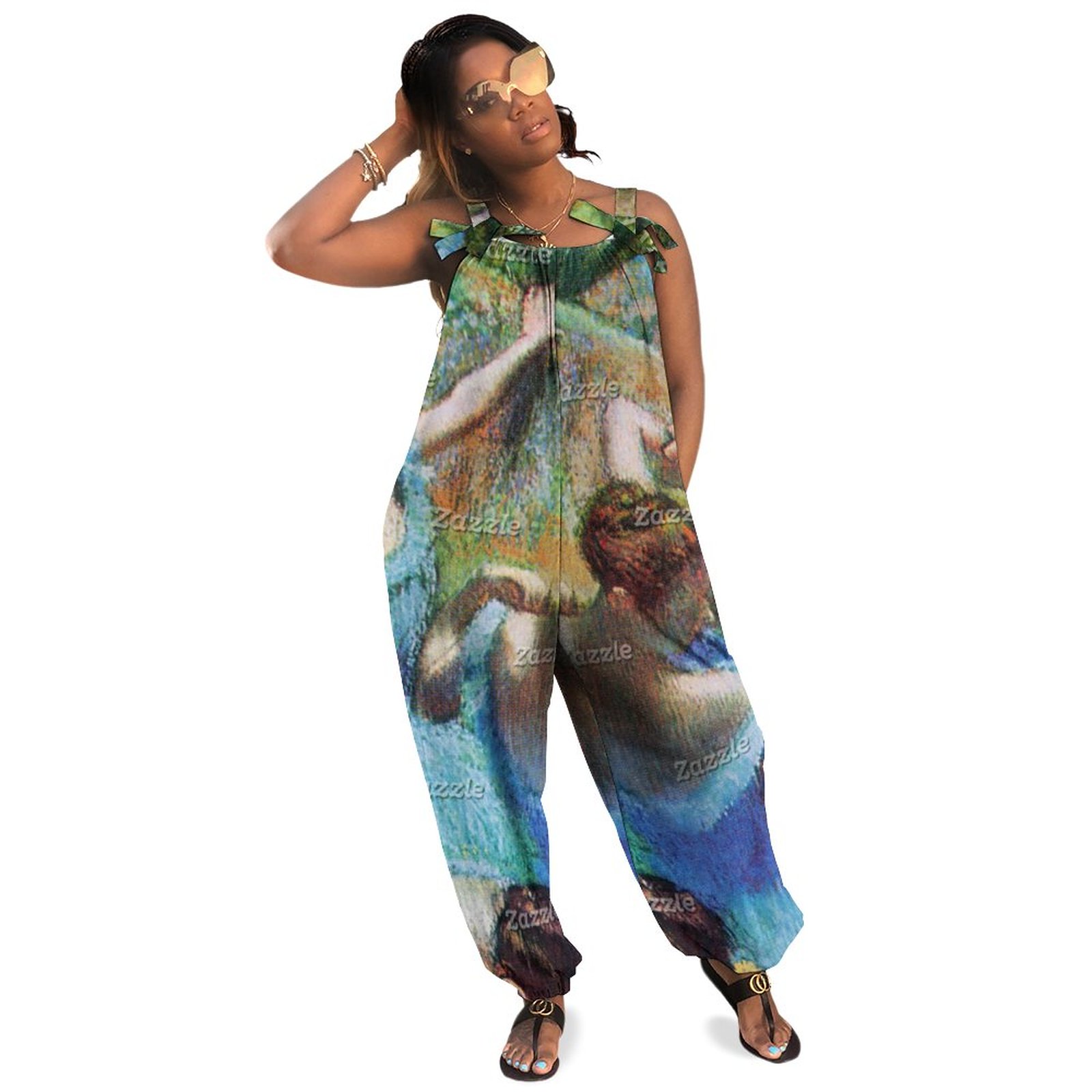 Women Plus Size Jumpsuit Summer Loose Harem Pants Vintage Edgar Dega Blue Dancers Sequin Romper Casual Summer Rompers Boho Pockets