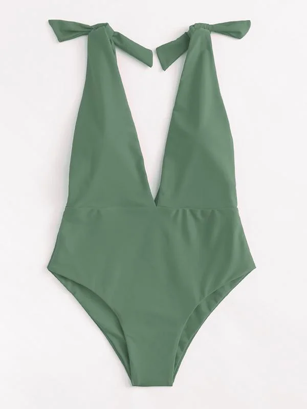Solid Color Deep V-Neck Knotted  One-Piece Swimwear