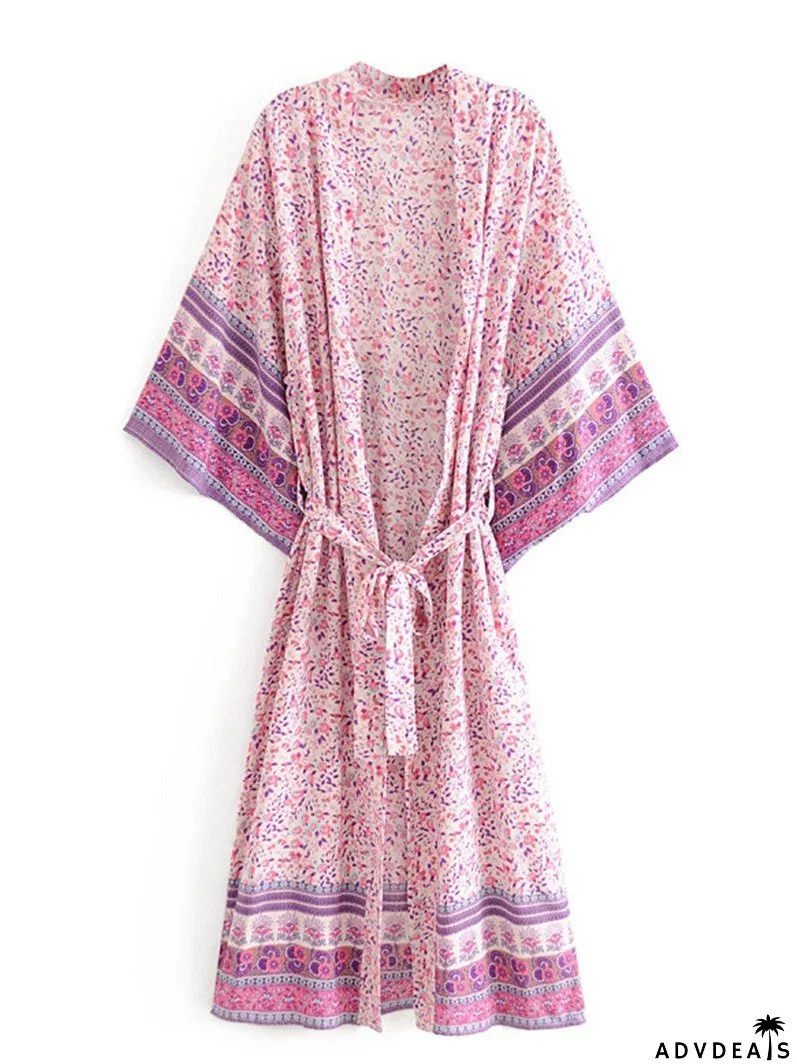 Beachwear Floral Print Pink & Blue Color Cotton Long Length Gown Kimono Duster Robe