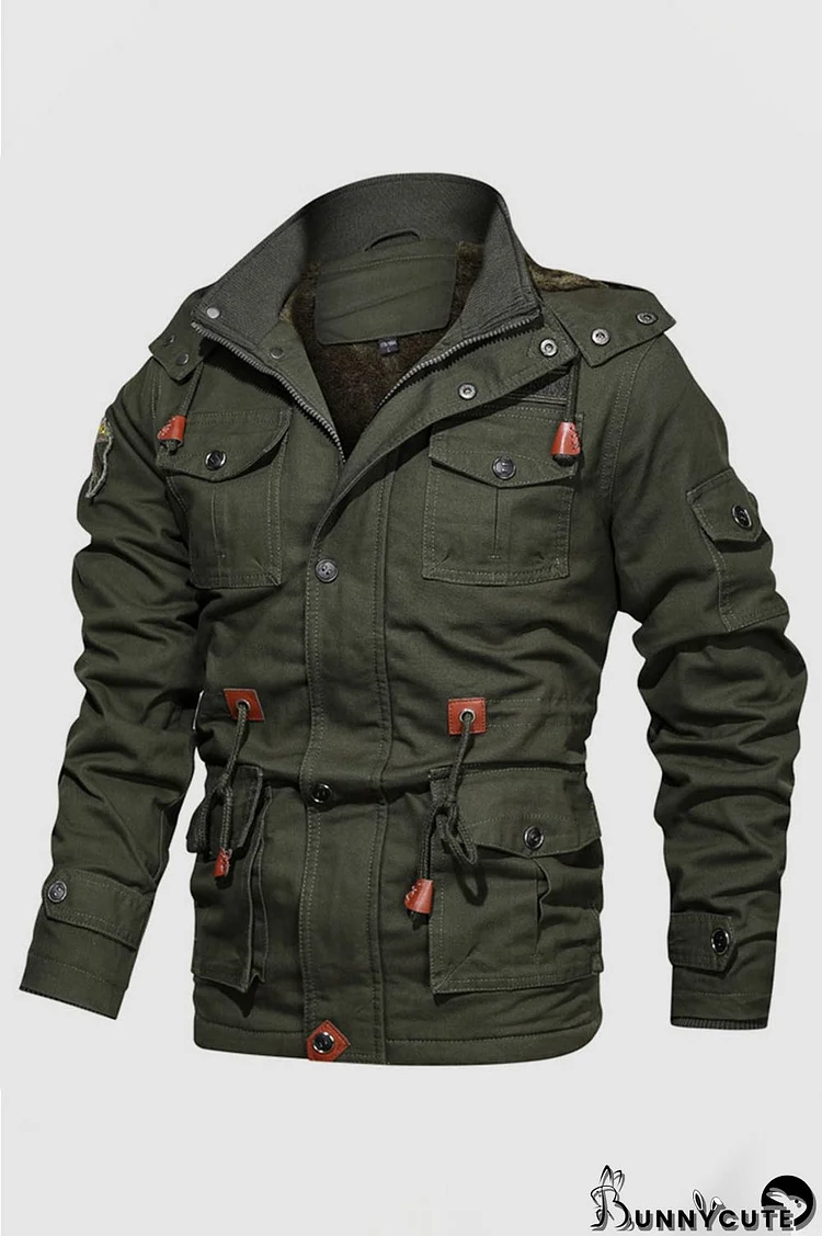 Army Green Casual Sportswear Solid Split Joint Draw String Pocket Zipper Hooded Collar Outerwear