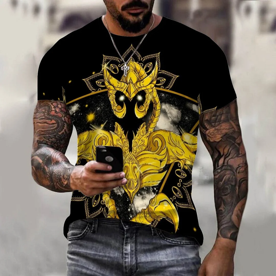 Aonga Halloween Summer Men's 3D Printing T-Shirt Gold Saint Seiya Series Pure Color T-Shirt Boys Street  Series T-Shirt Oversized