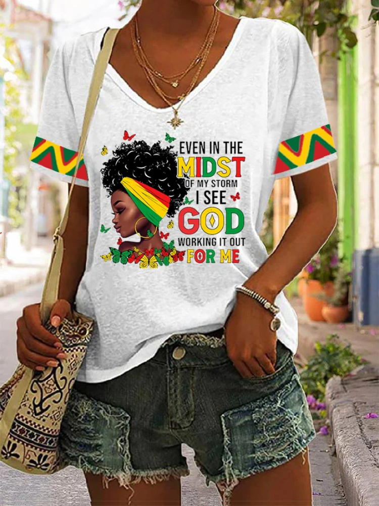 wearshes Women's Juneteenth Even In The Midst Of My Storm I See God Working It Out For Me Print V-Neck Tee