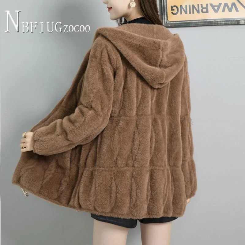 Imitation Mink Hair Hooded Zipper Women Coat Winter 2020 New Fashion Female Jacket