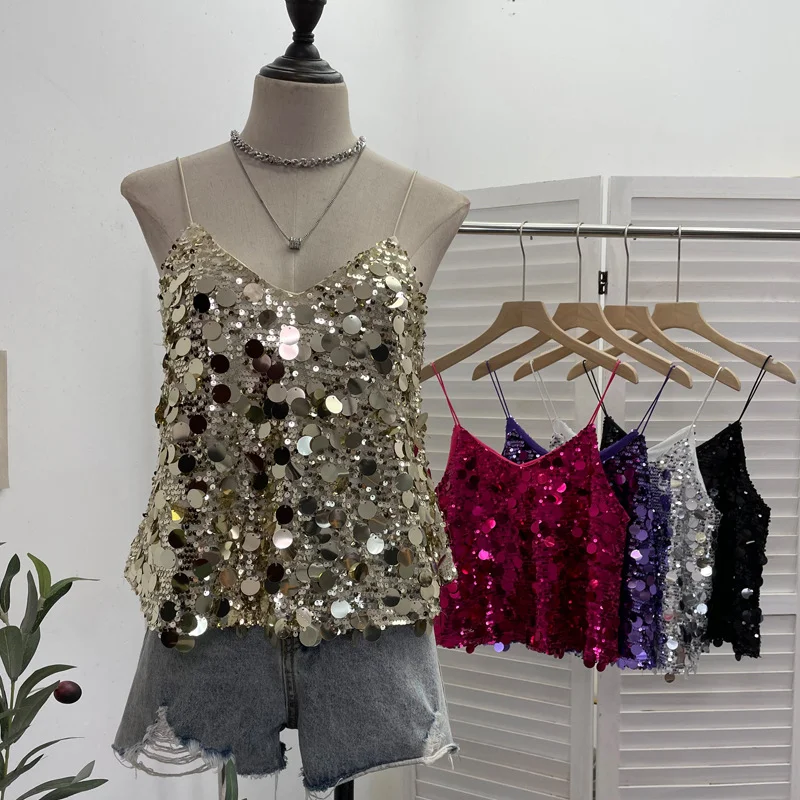 Nigikala Nigikala Shoot Hottie Sexy Night Club Heavy Bling Flash Shiny V Tie Sling Vest Sleeveless Top 3032