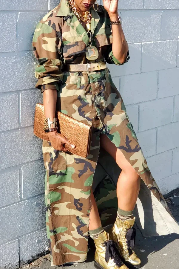 Guchioe Fashion Long Sleeve Slit Camouflage Military Dress