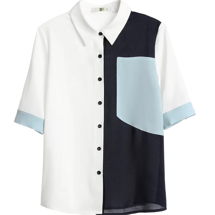 Vintage Pocket Colorblock Blouse Workwear - Modakawa Modakawa