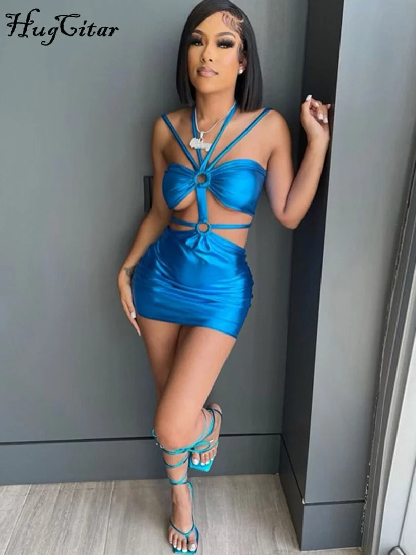 Hugcitar Solid Sleeveless Bodycon Halter Hollow Out Sexy Mini Dress 2021 Summer Women Fashion Streetwear Outfits Y2K