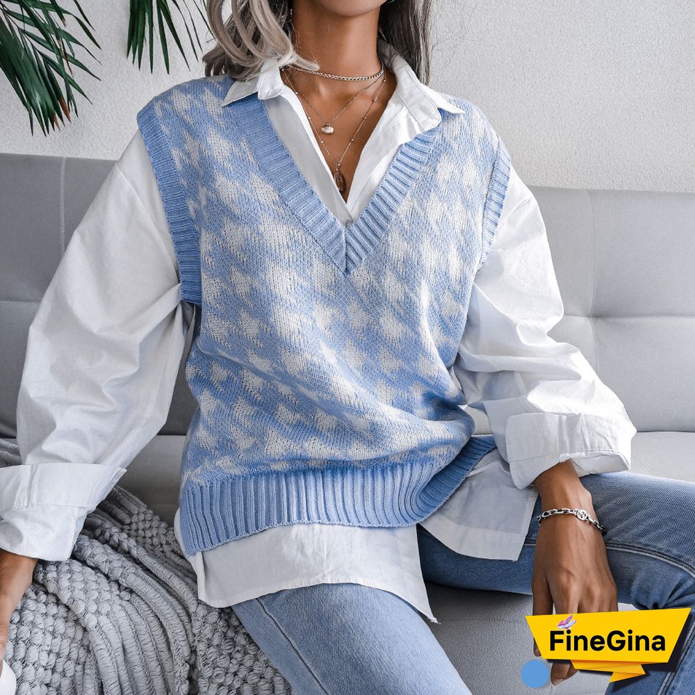 Women's Houndstooth Knit Sweater Vest Autumn New Loose V-neck Sleeveless Elegant Fashion Casual Vest Sweaters Pullover