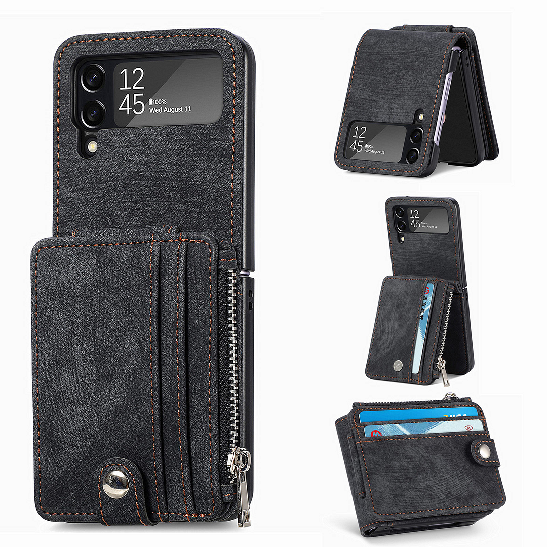 Anti-Drop Retro Leather Phone Case With Detachable 3 Cards Holder And Zipper Wallet For Galaxy Z Flip3/Z Flip4/Z Flip5