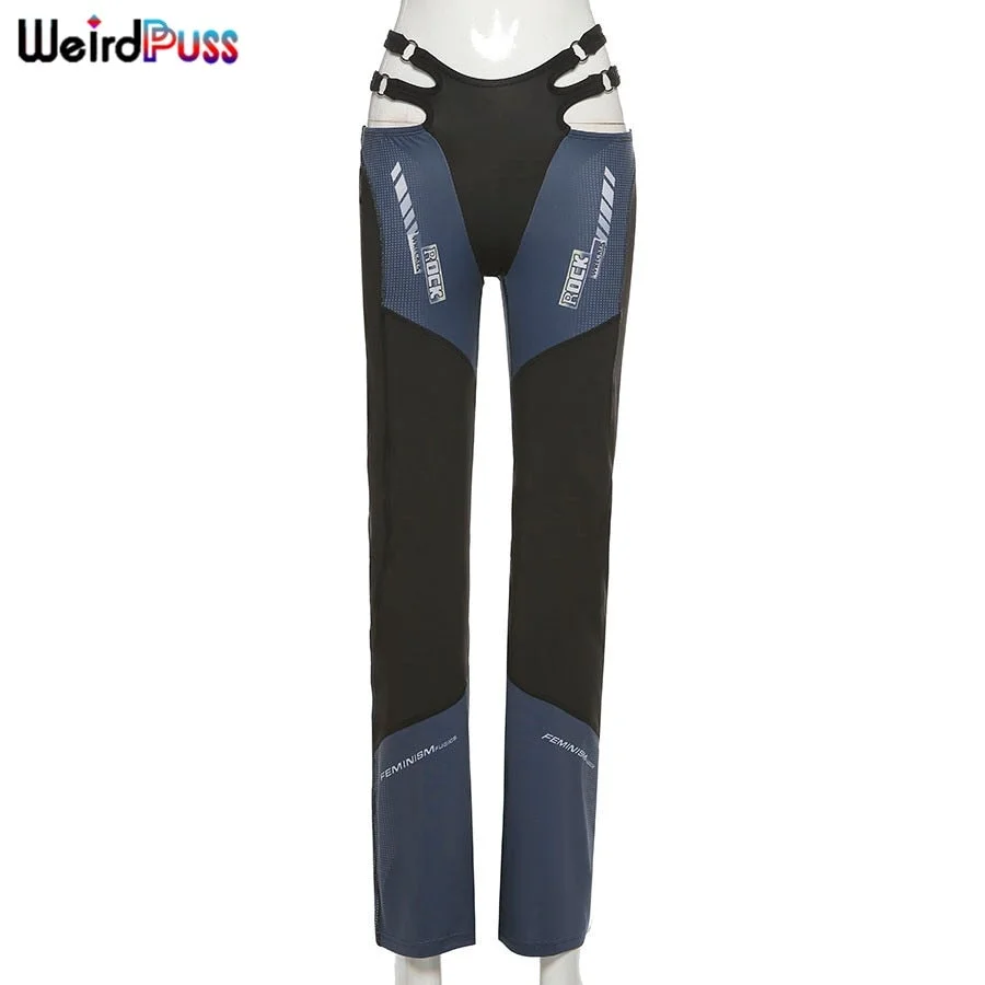 Weird Puss Y2K High Waist Hollow Belt Pants Women Patchwork Sporty Skinny Straight Casual Thin Trousers Streetwear Sweatpants