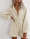 Solid Color V-Neck Long Sleeve Drawstring Loose Rompers